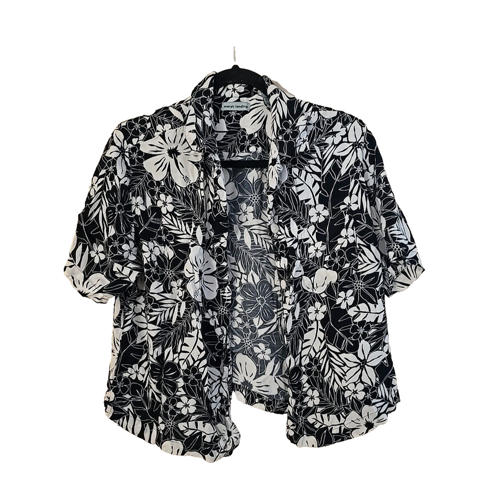 Marsh Landing Black Tropical Hawaiian Beach Button Down‎ Shirt Womans Size Large